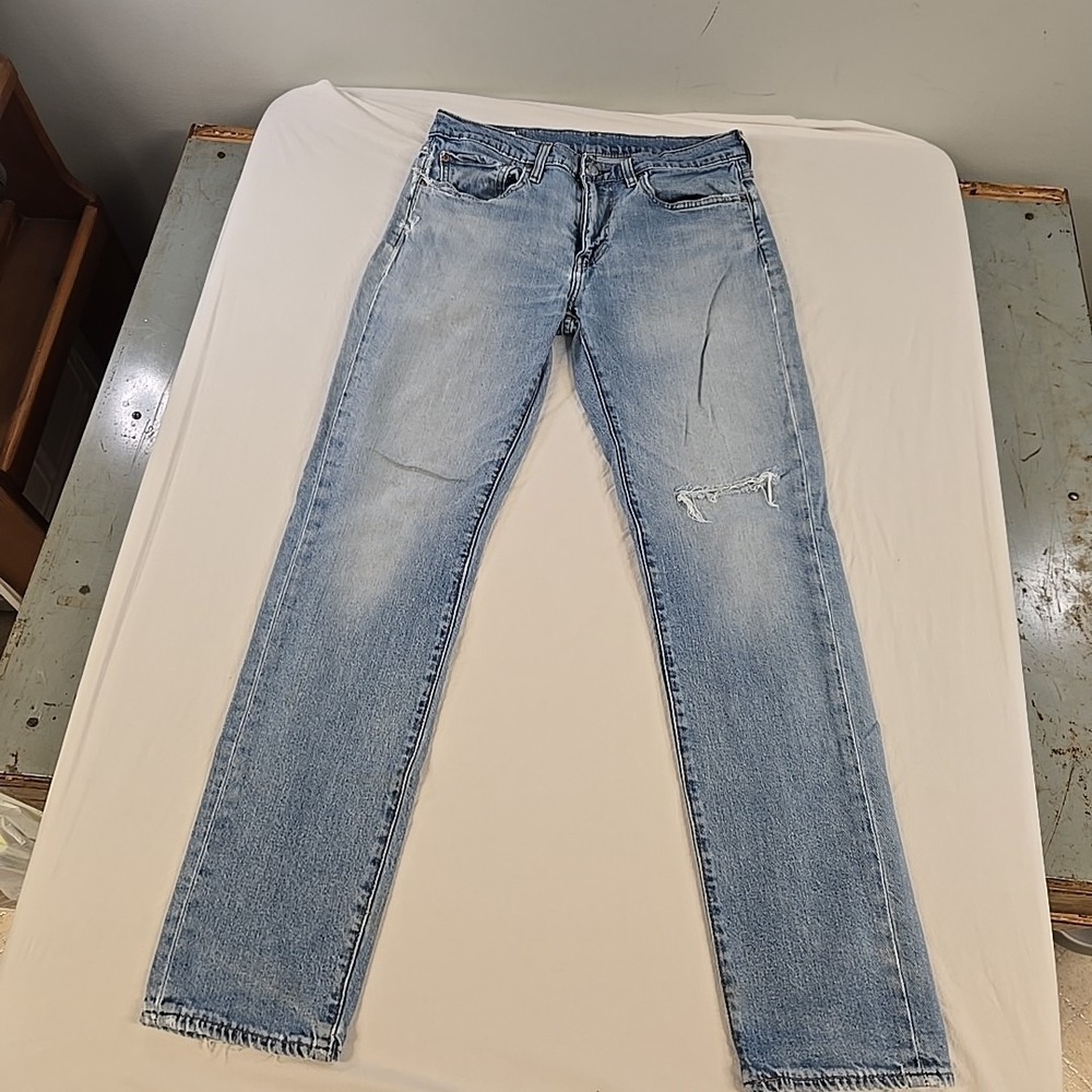 Levi 511 Premium Jeans Mens 32x32 Blue Light Wash Distressed Leather Patch Big E